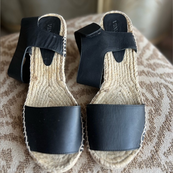 Black leather sandals espadrilles ankle strap velcro closure - Picture 7 of 14